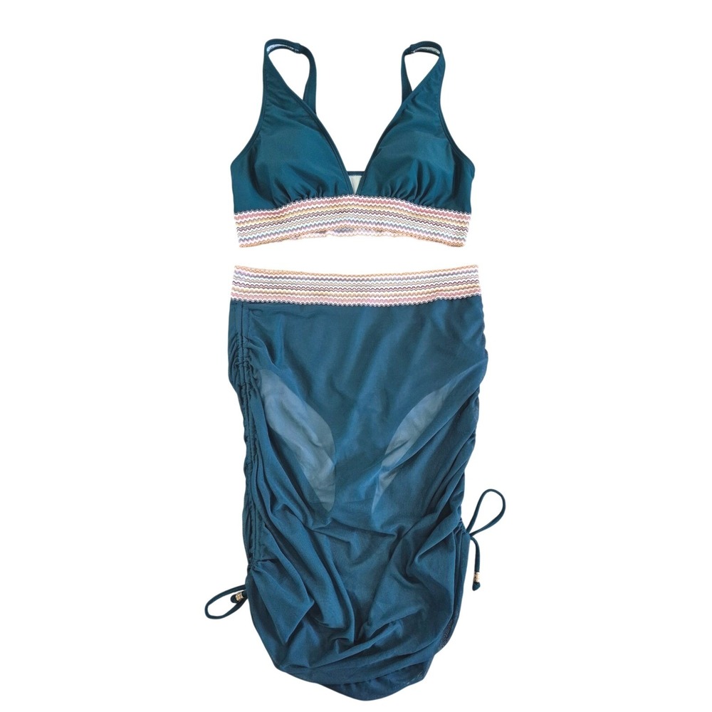 Teal High Waisted Bikini Mesh Skirt‎ Set Chevron Trim Womens Large